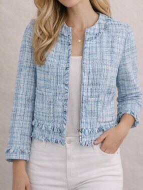 J. Crew Blue Tweed Lady Jacket Cropped Fringe Trim Chanel Style Size 8